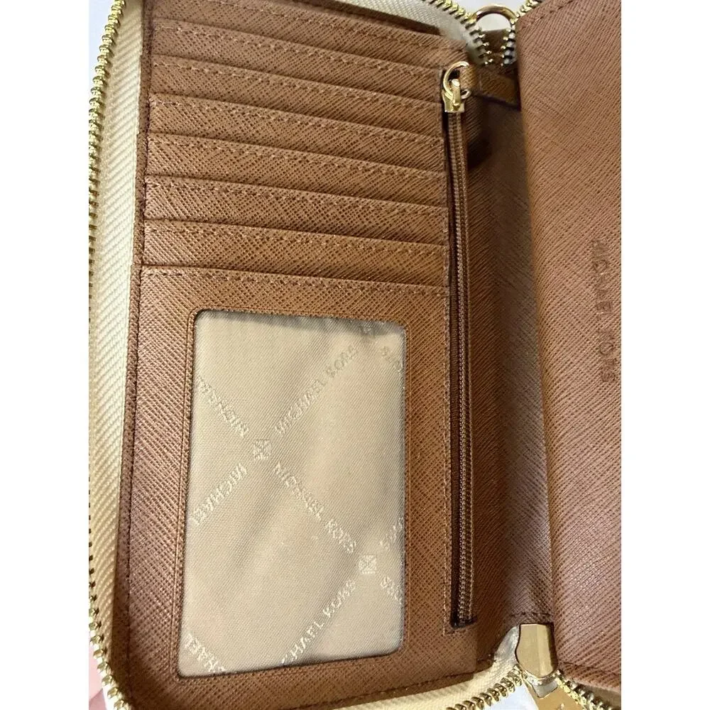 MICHAEL KORS Jet Set Signature Logo Smartphone Wristlet Wallet Brown Cream